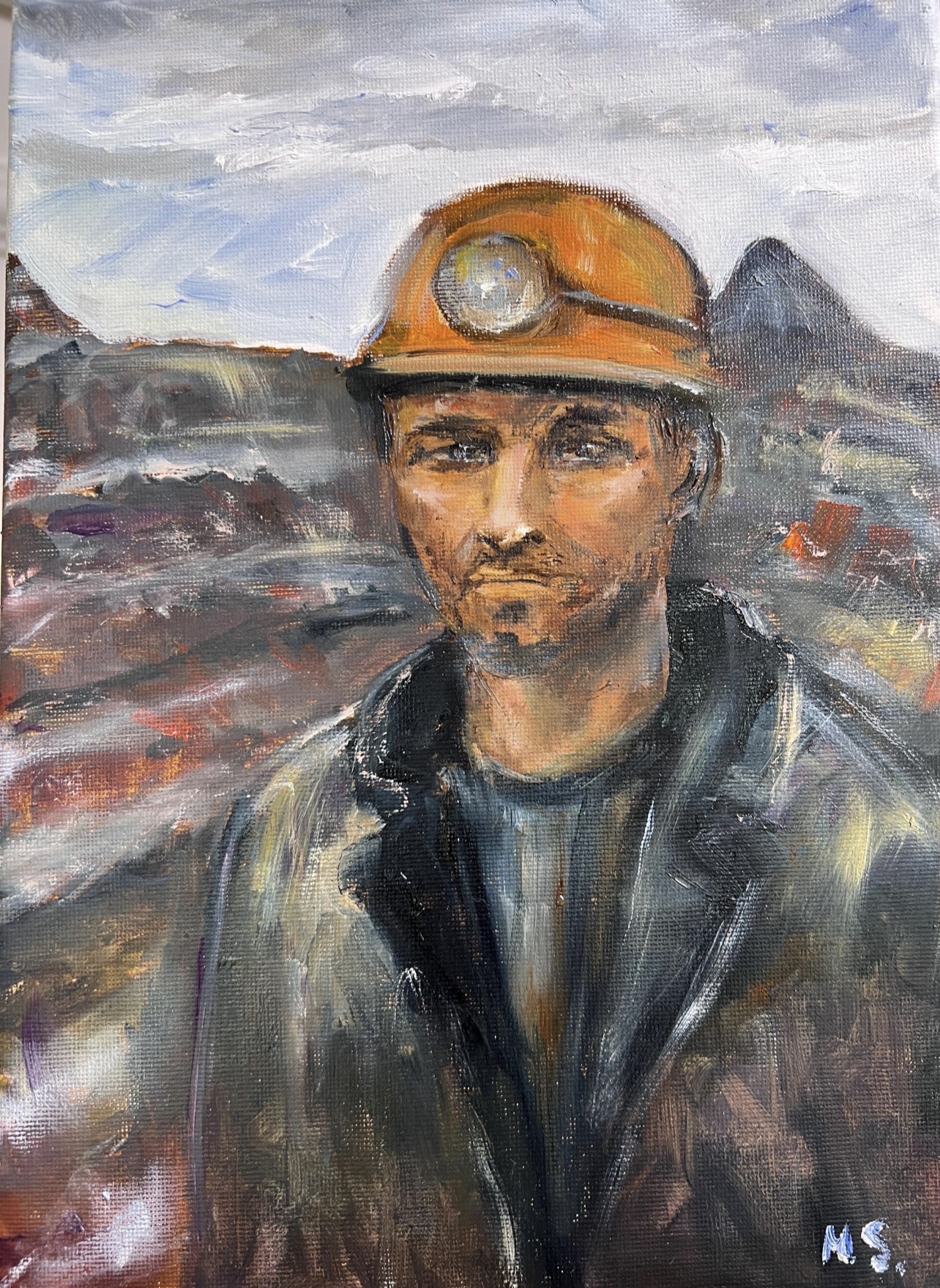 Miners of Ukraine — portrait of a Ukrainian miner, first painting of the diptych by Marina Stognieva
